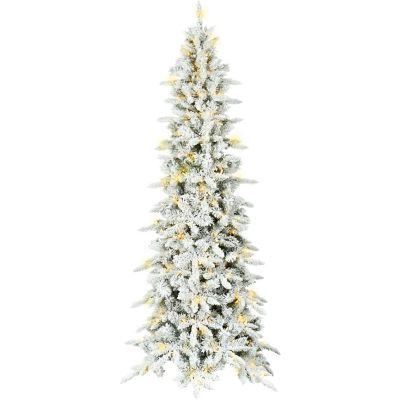 Fraser Hill Farm 6.5 ft. Slim Mountain Pine Flocked Christmas Tree with Warm White LED Lights