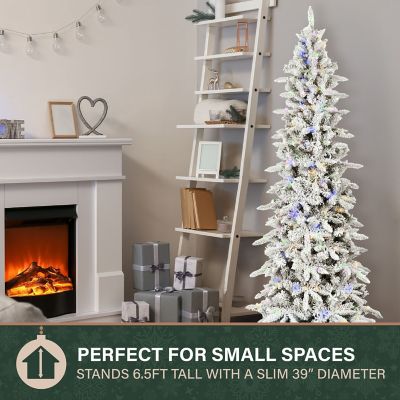 Image showing  6.5 ft. Pre-Lit Slim Mountain Pine Flocked Artificial Christmas Tree, Multicolor LED Lights