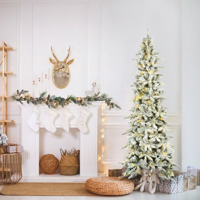 Fraser Hill Farm 7.5 ft. Slim Mountain Pine Flocked Christmas Tree with Warm White LED Lights