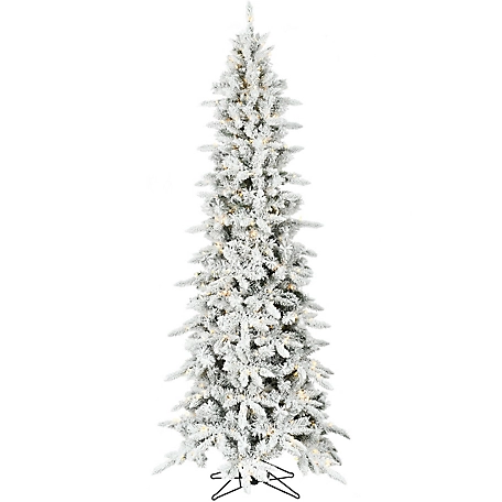Fraser Hill Farm 7.5 ft. Slim Mountain Pine Flocked Christmas Tree with Warm White LED Lights