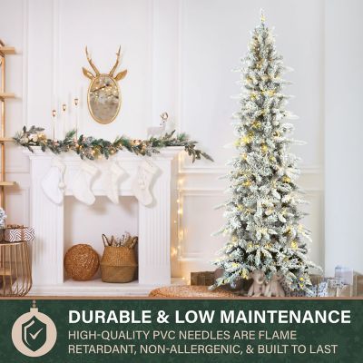 Image showing 5 th Fraser Hill Farm 7.5 ft. Slim Mountain Pine Flocked Christmas Tree with Warm White LED Lights