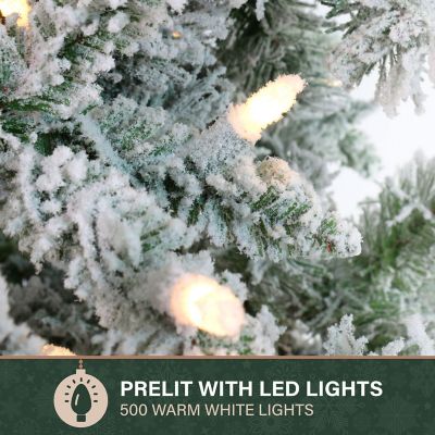 Image showing 6 th Fraser Hill Farm 7.5 ft. Slim Mountain Pine Flocked Christmas Tree with Warm White LED Lights
