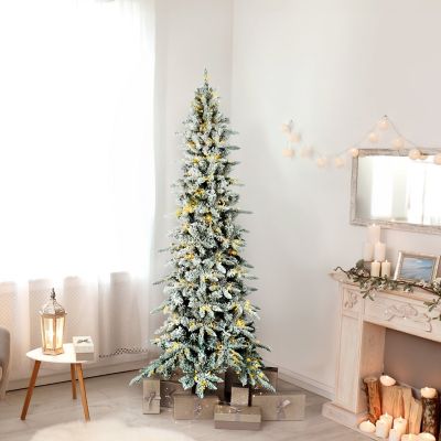 Image showing 8 th Fraser Hill Farm 7.5 ft. Slim Mountain Pine Flocked Christmas Tree with Warm White LED Lights