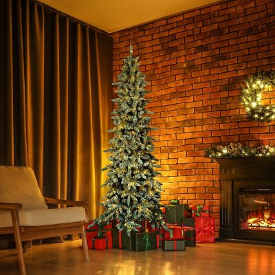 Image showing 9 th Fraser Hill Farm 7.5 ft. Slim Mountain Pine Flocked Christmas Tree with Warm White LED Lights