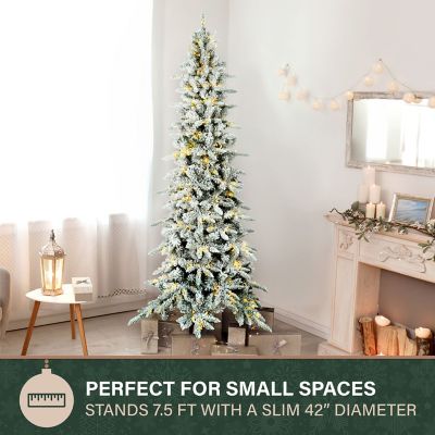 Image showing  7.5 ft. Pre-Lit Slim Mountain Pine Flocked Artificial Christmas Tree, Multicolor LED Lights