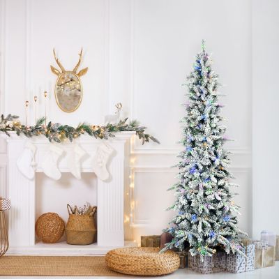 Image showing 8 th Fraser Hill Farm 7.5 ft. Pre-Lit Slim Mountain Pine Flocked Artificial Christmas Tree, Multicolor LED Lights