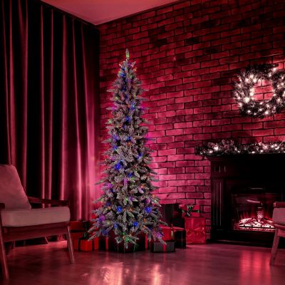 Image showing 9 th Fraser Hill Farm 7.5 ft. Pre-Lit Slim Mountain Pine Flocked Artificial Christmas Tree, Multicolor LED Lights