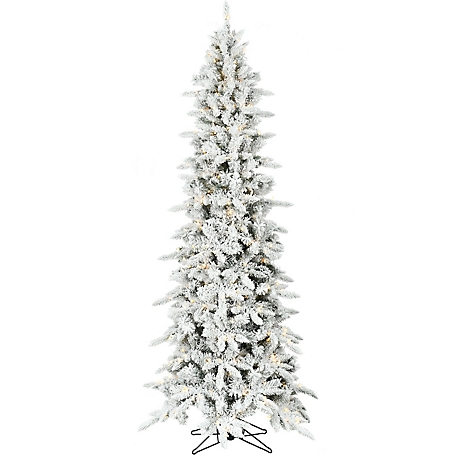 Fraser Hill Farm 9 ft. Slim Mountain Pine Flocked Christmas Tree with Warm White LED Lights