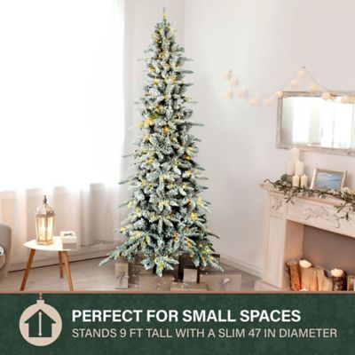 Image showing  9 ft. Pre-Lit Flocked Mountain Pine Slim Artificial Christmas Tree, Warm White LED Lights