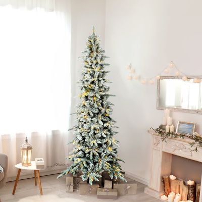 Image showing 8 th Fraser Hill Farm 9 ft. Pre-Lit Flocked Mountain Pine Slim Artificial Christmas Tree, Warm White LED Lights