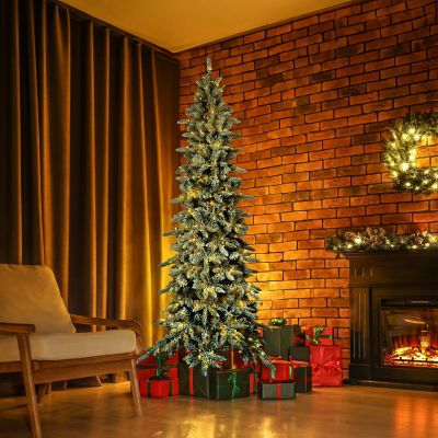 Image showing 9 th Fraser Hill Farm 9 ft. Pre-Lit Flocked Mountain Pine Slim Artificial Christmas Tree, Warm White LED Lights