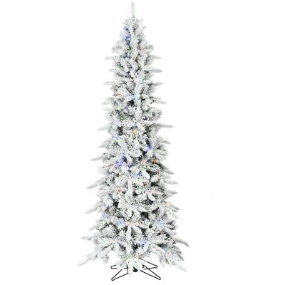 Fraser Hill Farm 9 ft. Pre-Lit Flocked Mountain Pine Slim Artificial Christmas Tree, Multicolor LED Lights
