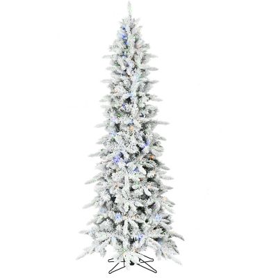 Fraser Hill Farm 9 ft. Slim Mountain Pine Flocked Christmas Tree with Multicolor LED Lights