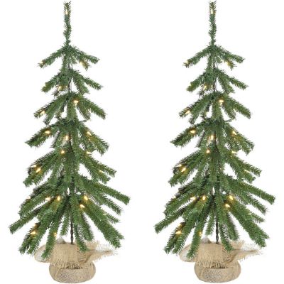 Fraser Hill Farm 3 ft. Downswept Farmhouse Fir Christmas Trees with Burlap Bag, Warm White LED Lights, 2-Pack