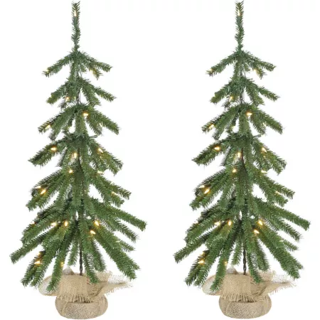 Fraser Hill Farm 3 Foot Swept Down Christmas Trees with Burlap Bag Warm White LED Lights 2 Pack Artificial Christmas Trees