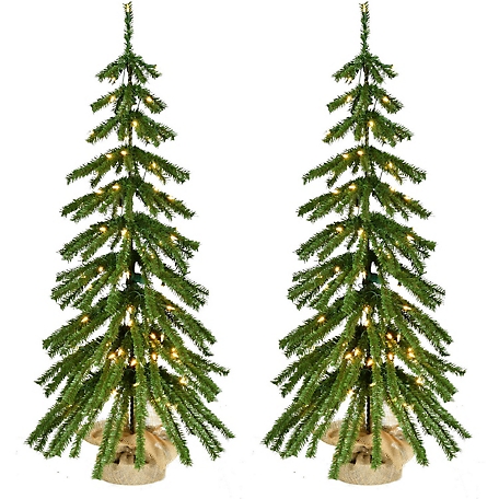 Fraser Hill Farm 4 ft. Downswept Farmhouse Fir Christmas Trees with Burlap Bag, Warm White LED Lights, 2-Pack