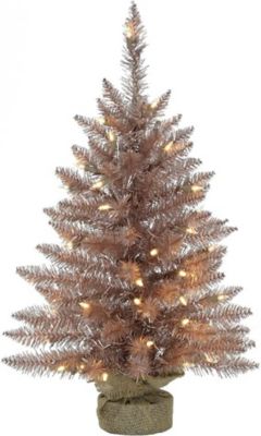 Fraser Hill Farm 3 ft. Festive Tinsel Christmas Tree with Burlap Bag and Warm White LED Lights, Blush