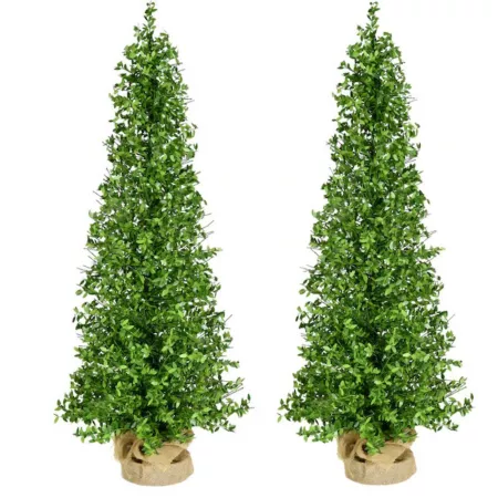 Fraser Hill Farm 3 Foot Boxwood Porch Tree in Burlap Bag 2 Pack Artificial Christmas Trees