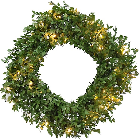 Fraser Hill Farm 24 in. Boxwood Green Christmas Decor Square Wreath with Warm White LED Lights
