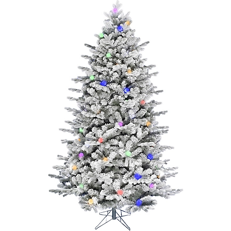 Fraser Hill Farm 9 ft. Full White Tail Pine Snow-Flocked Christmas Tree with Colorful G40 Bulbs