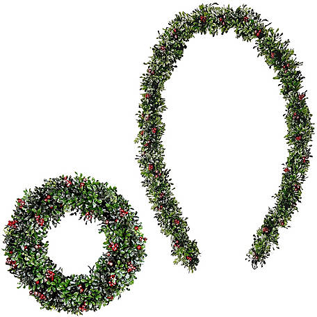 Fraser Hill Farm 20 in. Frosted Faux Boxwood Wreath and 9 ft. Garland Set with Red Berries