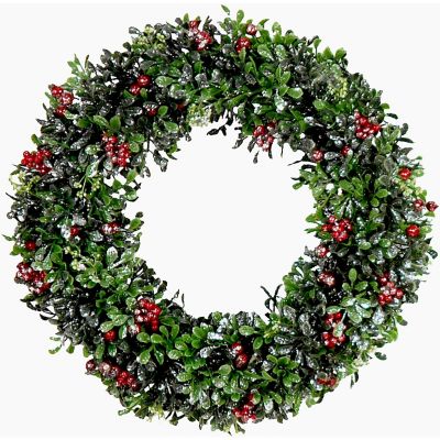Fraser Hill Farm 20 in. Frosted Boxwood Artificial Wreath with Red Berries