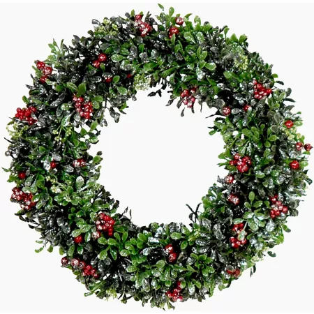 Fraser Hill Farm 20" Frosted Faux Boxwood Wreath with Red Berries Artificial Christmas Wreaths