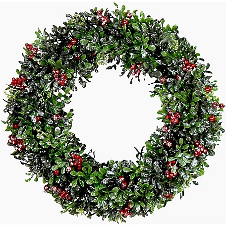 Fraser Hill Farm 20 in. Frosted Faux Boxwood Wreath with Red Berries