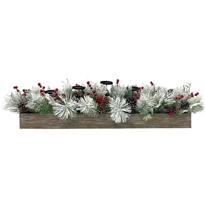 Fraser Hill Farm 42 in. 5-Candle Holder Centerpiece, Frosted Branches, Red Berries, Pine Cones, Wooden Box