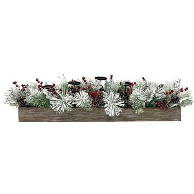 Fraser Hill Farm 5-Candle Holder Centerpiece with Frosted Branches, Red Berries, Pinecones and Wooden Box, 42 in.