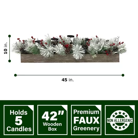 Fraser Hill Farm 42" 5-Candle Centerpiece Frosted Branches Red Berries Pine Cones Wooden Box Christmas Kitchen & Tabletop Decor