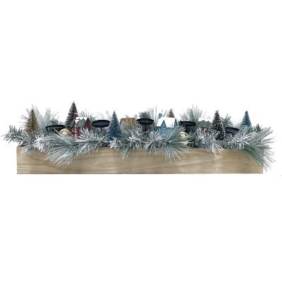 Fraser Hill Farm 42 in. 5-Candle Holder Centerpiece, Frosted Branches, Bottlebrush Trees/Houses, Wooden Box