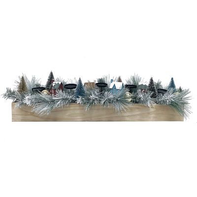 Fraser Hill Farm 5-Candle Holder Centerpiece with Frosted Branches, Bottlebrush Trees/Houses and Wooden Box, 42 in.