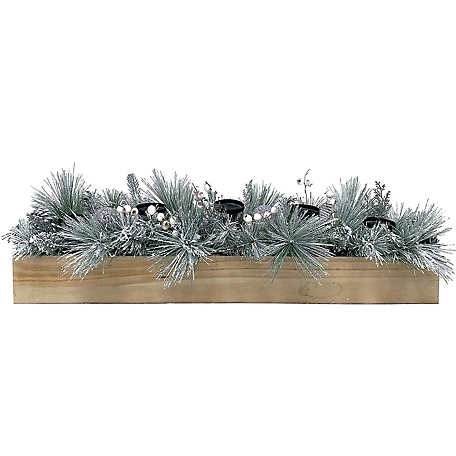 Fraser Hill Farm 42 in. 5-Candle Holder Centerpiece with Frosted Pine Branches, Ornament Balls in Wooden Box