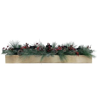 Fraser Hill Farm 42 in. 5-Candle Holder Centerpiece, Frosted Pine Branches, Plaid Bows, Pine Cones, Wooden Box