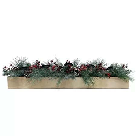 Fraser Hill Farm 42" 5-Candle Centerpiece Frosted Pine Branches Plaid Bows Pine Cones Wooden Box Decorative Outdoor Lighting