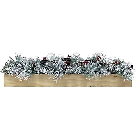 Fraser Hill Farm 42 in. 5-Candle Holder Centerpiece, Frosted Pine Branches, Red Berries, Pine Cones, Pine Box