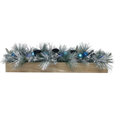 Fraser Hill Farm 42 in. 5 Candle Holder Centerpiece with Frosted Pine Branches and Blue Ornaments, Wooden Box