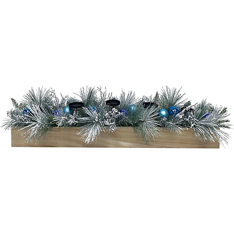 Fraser Hill Farm 42 in. 5 Candle Holder Centerpiece with Frosted Pine Branches and Blue Ornaments, Wooden Box