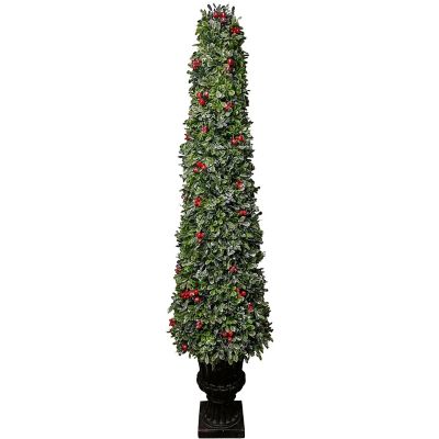 Fraser Hill Farm 4 ft. Faux Boxwood Christmas Porch Tree with Red Berries in Ornamental Pot