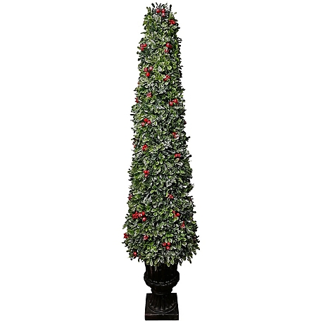 Fraser Hill Farm 4 ft. Faux Boxwood Christmas Porch Tree with Red Berries in Ornamental Pot