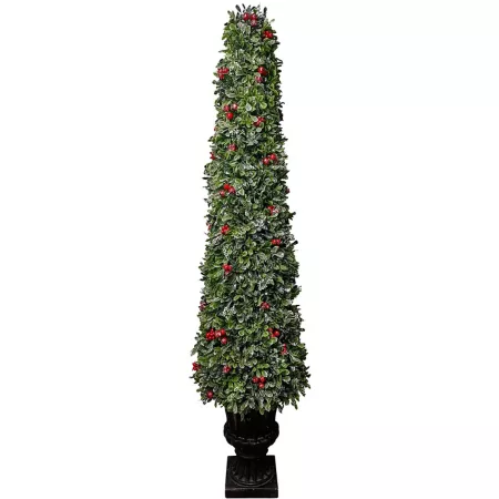 Fraser Hill Farm 4' Faux Boxwood Christmas Porch Tree with Red Berries in Ornamental Pot Artificial Christmas Trees