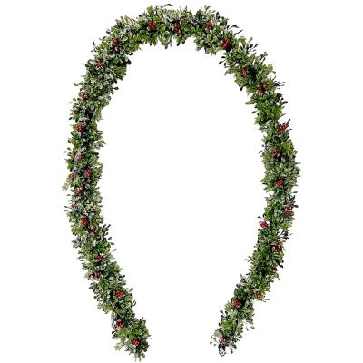 Fraser Hill Farm 9 ft. Frosted Faux Boxwood Christmas Garland with Red Berries