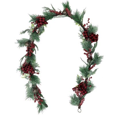 Fraser Hill Farm 9 ft. Frosted Artificial Christmas Garland with Red Berries, Plaid Bows and Rustic Sleigh Bells