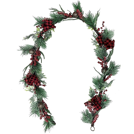 Fraser Hill Farm 9 ft. Frosted Christmas Garland with Red Berries, Plaid Bows, and Rustic Sleigh Bells