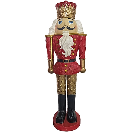 Christmas Time 4 ft. Nutcracker King Holding A Baton, Resin Figurine with LED Lights, Christmas Decor, Red