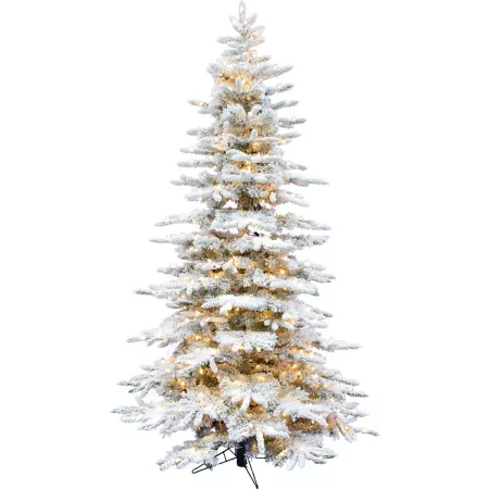 Fraser Hill Farm 12' Flocked Pine Valley Christmas Tree with Clear Smart String Lights Artificial Christmas Trees