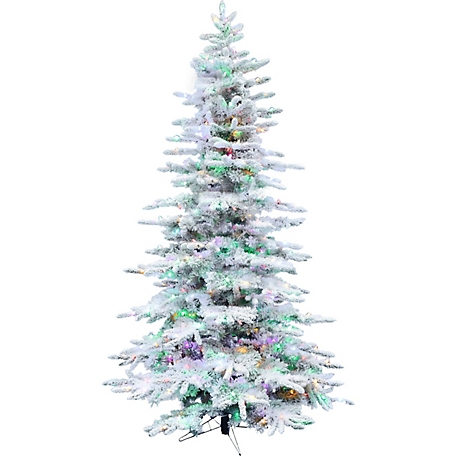 Fraser Hill Farm 7.5 ft. Flocked Pine Valley Christmas Tree with Multicolor LED String Lighting