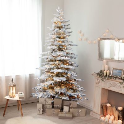 Fraser Hill Farm 9 ft. Pre-Lit Flocked Pine Valley Artificial Christmas Tree, Clear Smart Lights