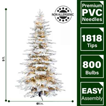 Fraser Hill Farm 9 ft Flocked Pine Valley Christmas Tree with Clear LED String Lights Artificial Christmas Trees